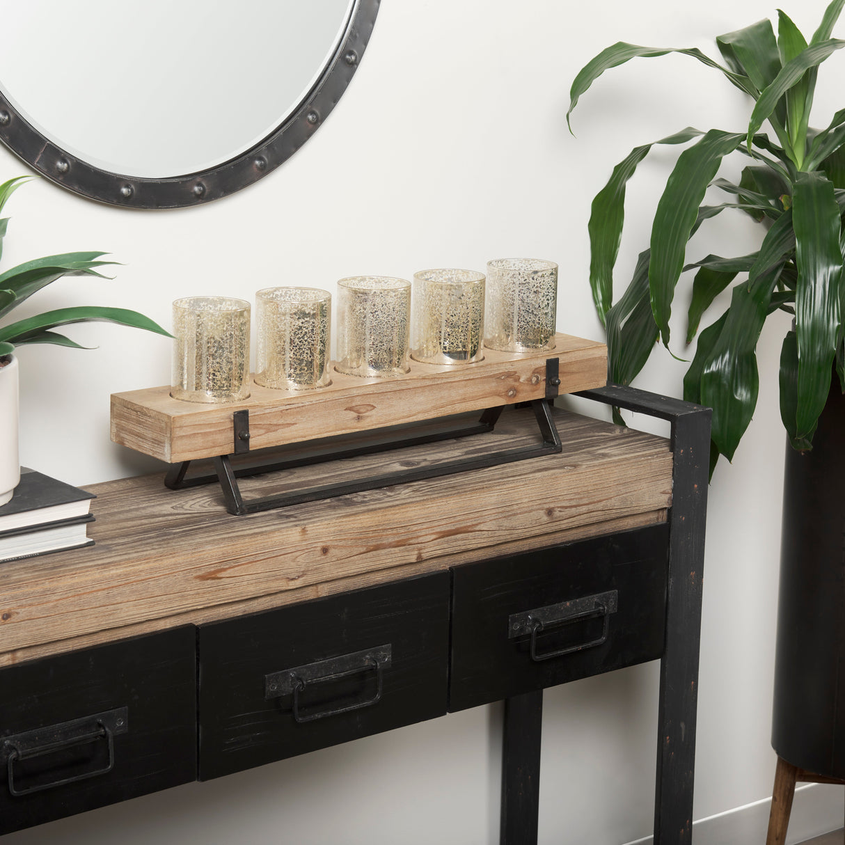 Benk Wood and Black Metal Five Cup Candle Holder by Mercana at Eve Furniture