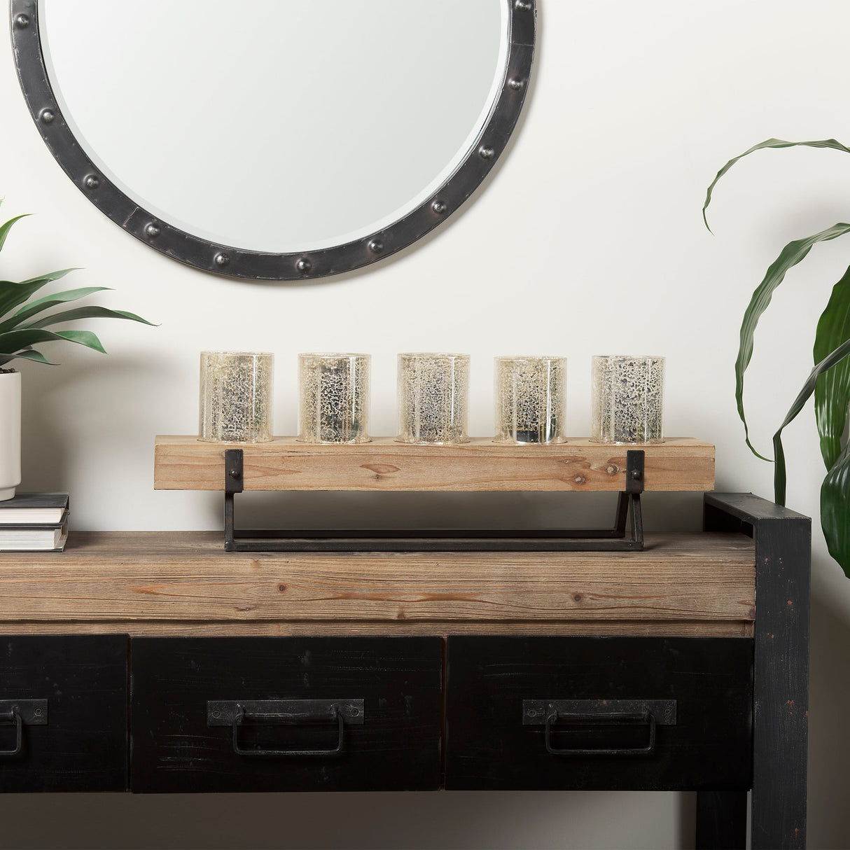 Benk Wood and Black Metal Five Cup Candle Holder by Mercana at Eve Furniture