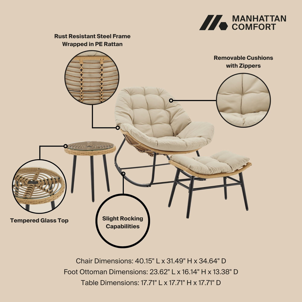 Benson 6-Piece Patio Rocking Chair Set with Ottomans and Tables in Cream by Manhattan Comfort at Eve Furniture