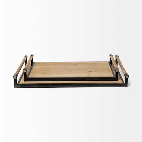 Benson Set of 2 Brown Wood Black Metal Trays by Mercana at Eve Furniture
