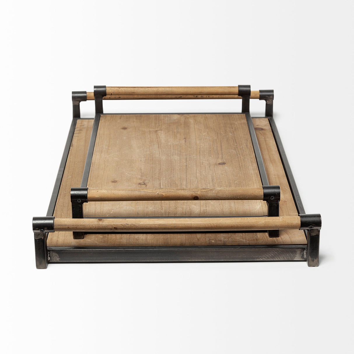 Benson Set of 2 Brown Wood Black Metal Trays by Mercana at Eve Furniture