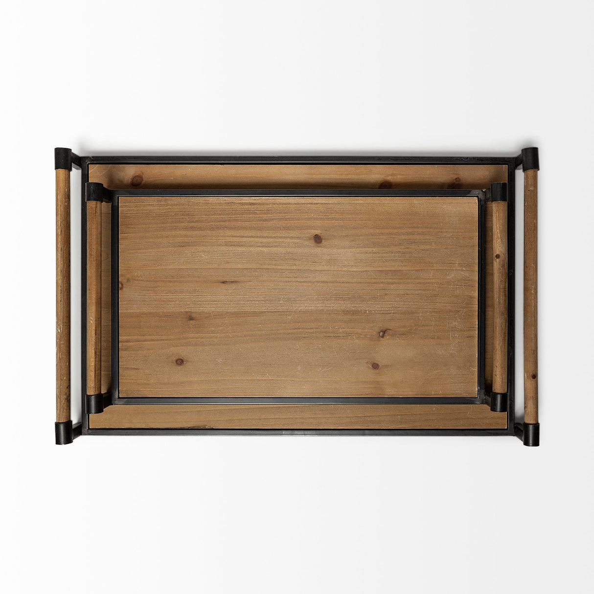 Benson Set of 2 Brown Wood Black Metal Trays by Mercana at Eve Furniture