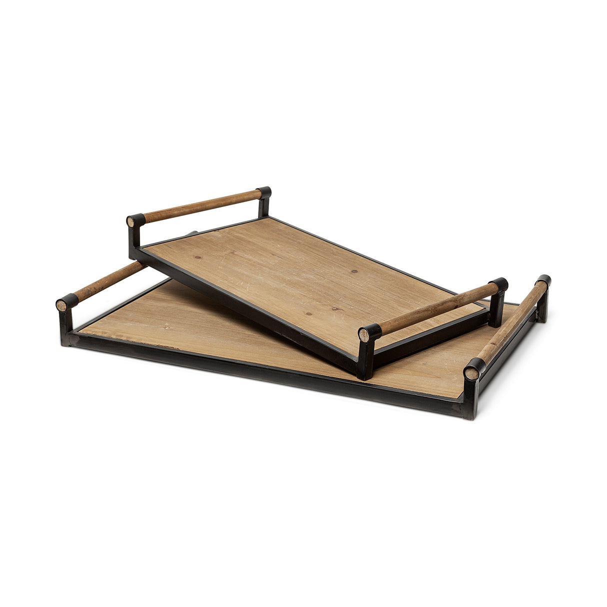 Benson Set of 2 Brown Wood Black Metal Trays by Mercana at Eve Furniture