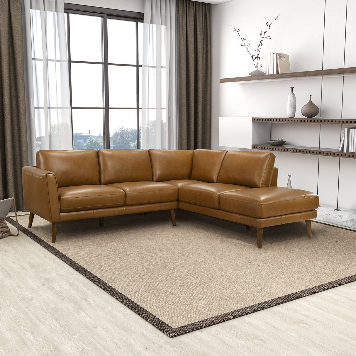 Benson Tan Leather Sectional Sofa Right Facing Chaise by Ashcroft Furniture at Eve Furniture