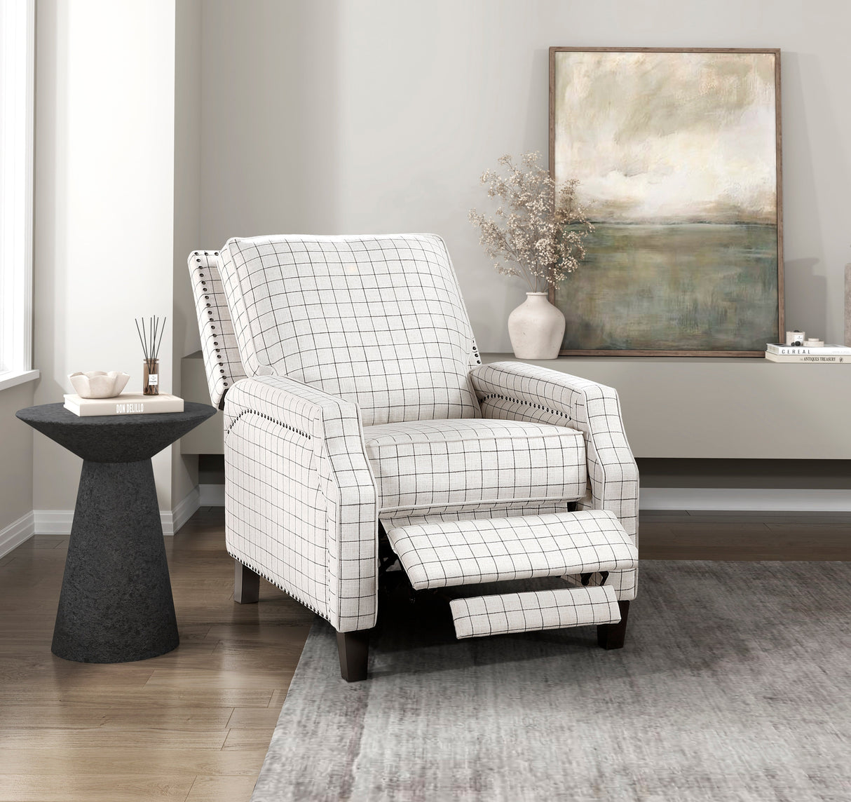 Berenson Off-white/Black Plaid Pattern Push Back Reclining Chair
