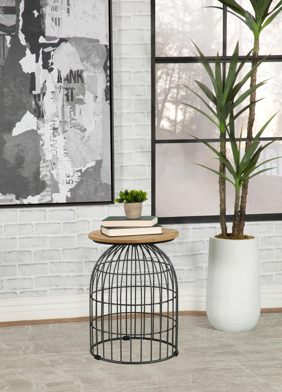 Bernardo Natural/Gunmetal Round Accent Table with Bird Cage Base