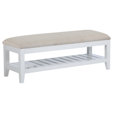 Bexhill White Upholstered Bench with Shelf by Coaster at Eve Furniture