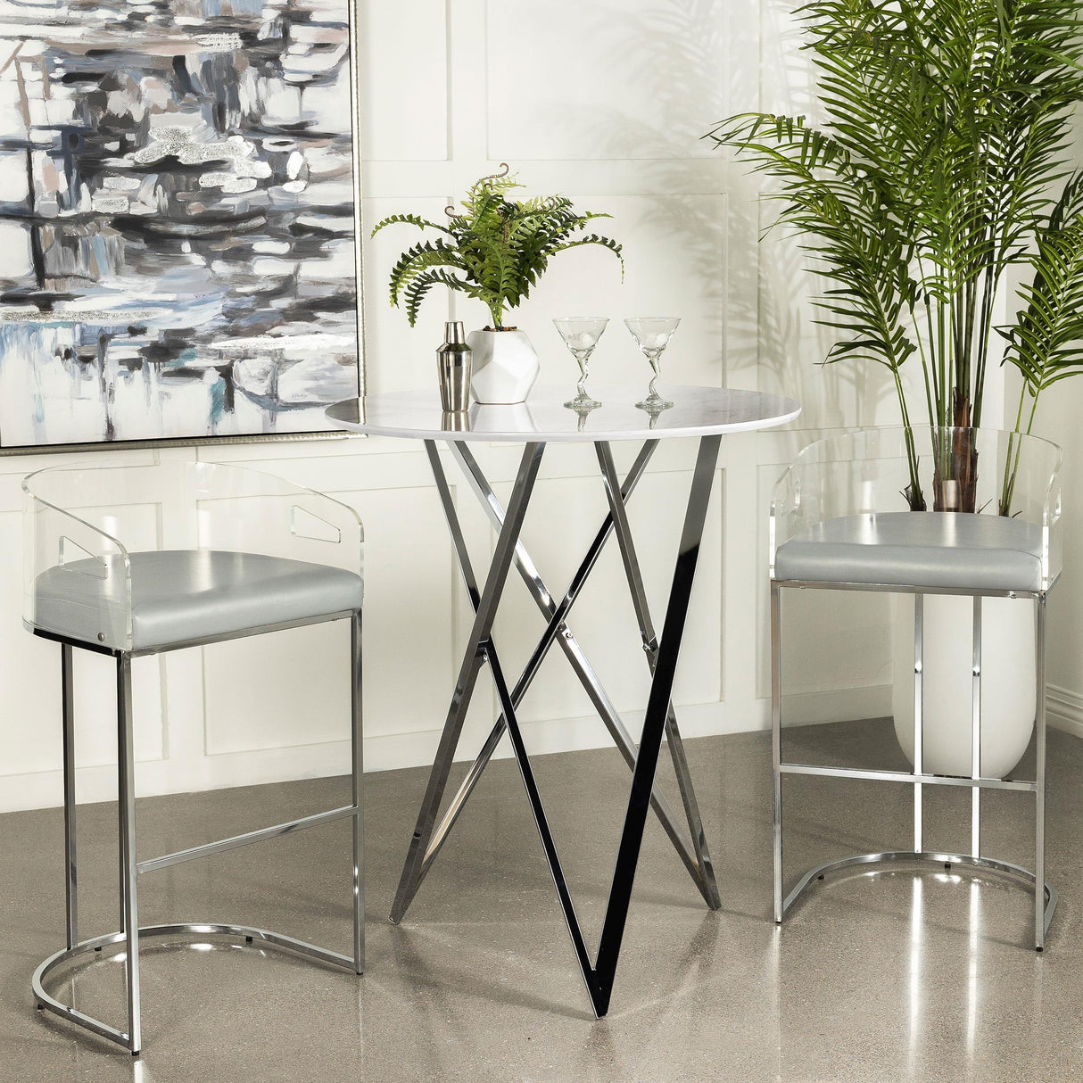 Bexter Faux Marble Round Top Bar Table White and Chrome by Coaster at Eve Furniture