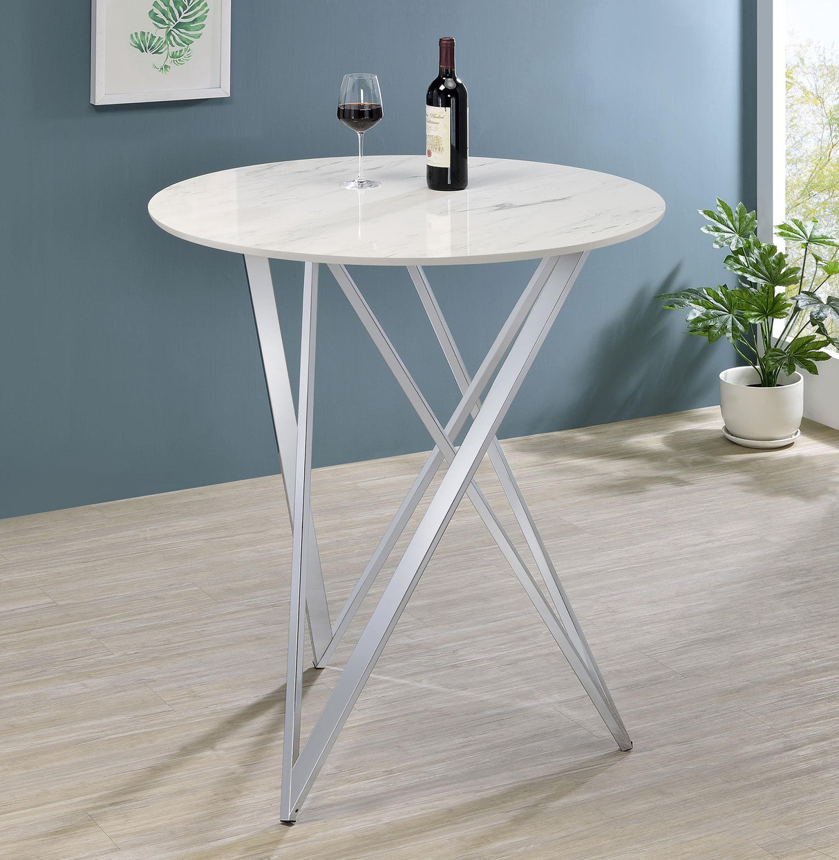 Bexter Faux Marble Round Top Bar Table White and Chrome by Coaster at Eve Furniture