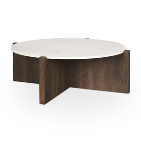 Bianca Dark Brown Wood w/ Marble Round Top Coffee Table by Mercana at Eve Furniture