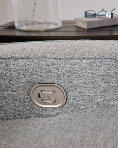Biscoe Pewter Performance Fabric Dual Power Reclining Loveseat by Ashley at Eve Furniture