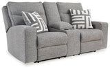 Biscoe Pewter Performance Fabric Dual Power Reclining Loveseat by Ashley at Eve Furniture