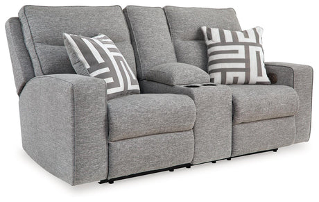 Biscoe Pewter Performance Fabric Dual Power Reclining Loveseat by Ashley at Eve Furniture