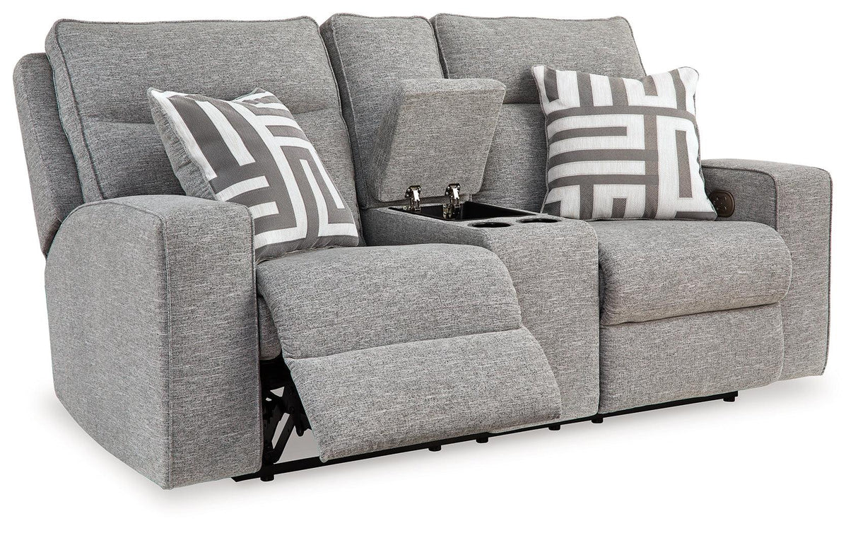 Biscoe Pewter Performance Fabric Dual Power Reclining Loveseat by Ashley at Eve Furniture