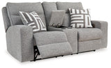 Biscoe Pewter Performance Fabric Dual Power Reclining Loveseat by Ashley at Eve Furniture