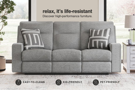 Biscoe Pewter Performance Fabric Dual Power Reclining Sofa and Loveseat by Ashley at Eve Furniture