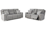 Biscoe Pewter Performance Fabric Dual Power Reclining Sofa and Loveseat by Ashley at Eve Furniture