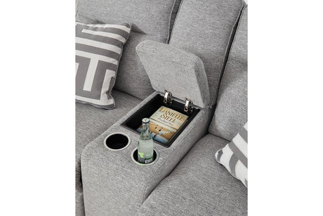 Biscoe Pewter Performance Fabric Dual Power Reclining Sofa and Loveseat by Ashley at Eve Furniture