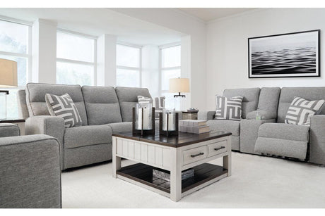 Biscoe Pewter Performance Fabric Dual Power Reclining Sofa and Loveseat by Ashley at Eve Furniture