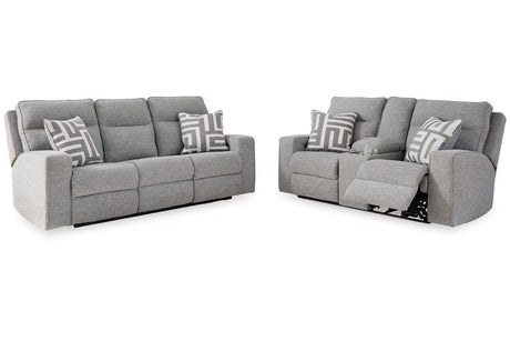 Biscoe Pewter Performance Fabric Dual Power Reclining Sofa and Loveseat by Ashley at Eve Furniture