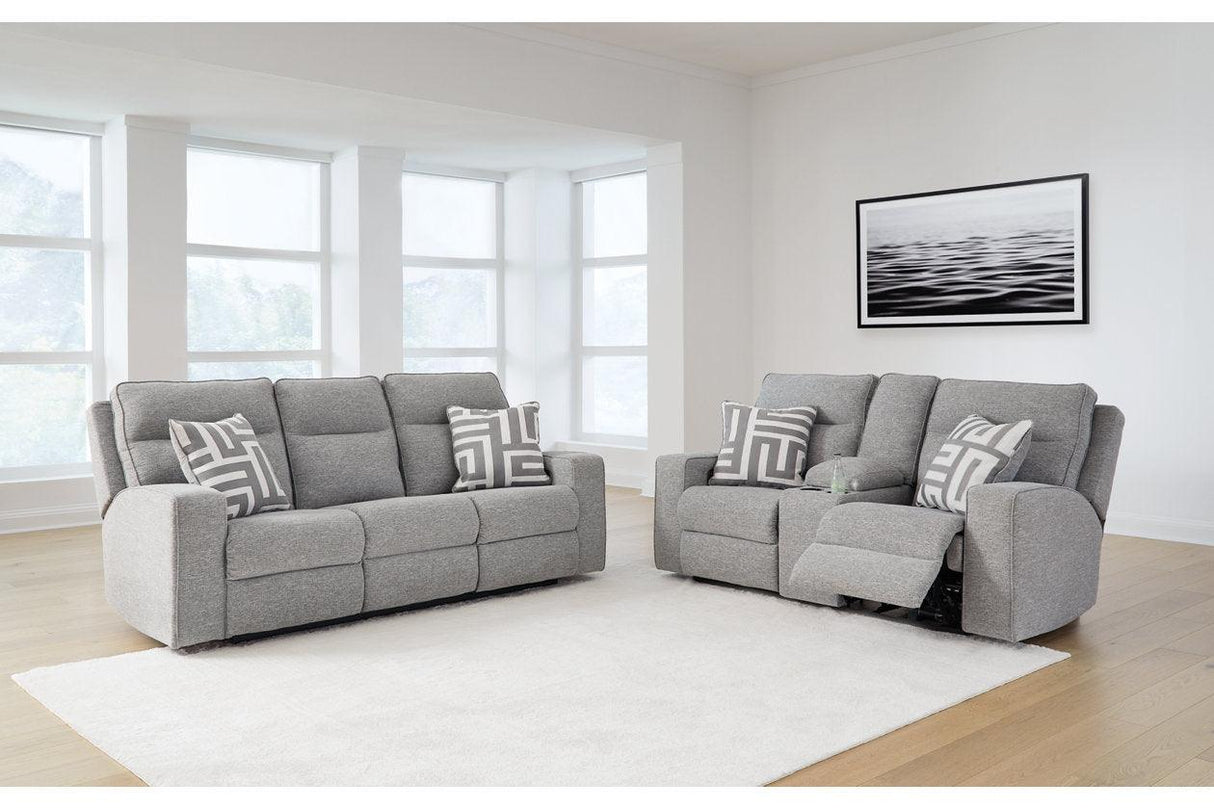 Biscoe Pewter Performance Fabric Dual Power Reclining Sofa and Loveseat by Ashley at Eve Furniture