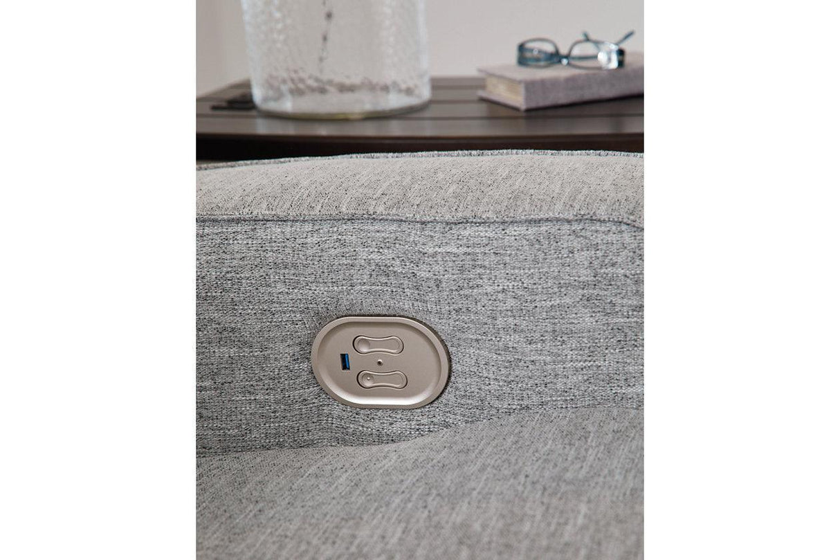 Biscoe Pewter Performance Fabric Dual Power Reclining Sofa and Loveseat by Ashley at Eve Furniture