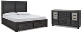 Foyland California King Panel Storage Bed with Dresser in Black/Brown