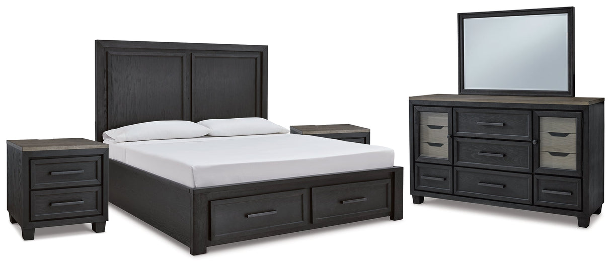 Foyland California King Panel Storage Bed with Mirrored Dresser and 2 Nightstands in Black/Brown