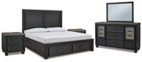 Foyland California King Panel Storage Bed with Mirrored Dresser and 2 Nightstands in Black/Brown