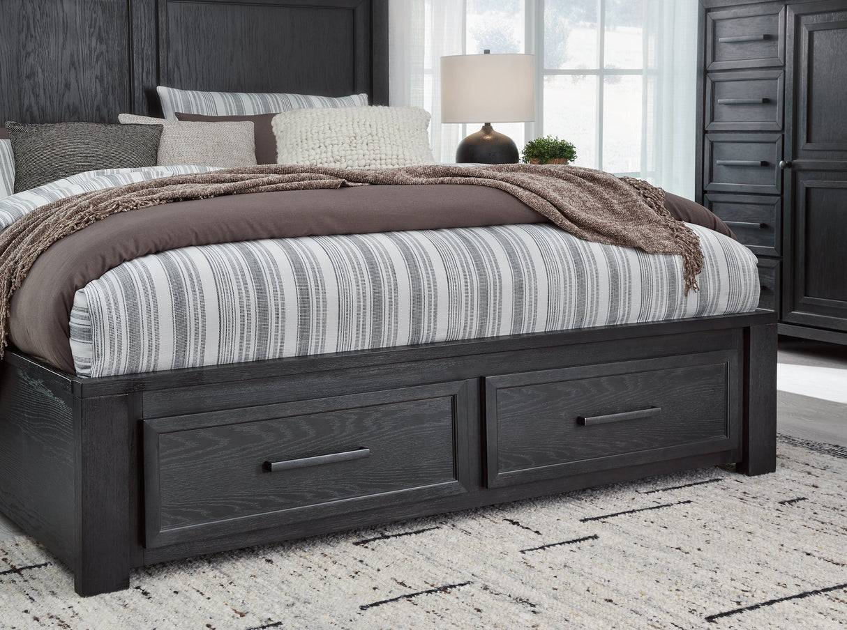 Foyland California King Panel Storage Bed with Mirrored Dresser and 2 Nightstands in Black/Brown