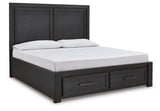 Foyland California King Panel Storage Bed with Mirrored Dresser and 2 Nightstands in Black/Brown