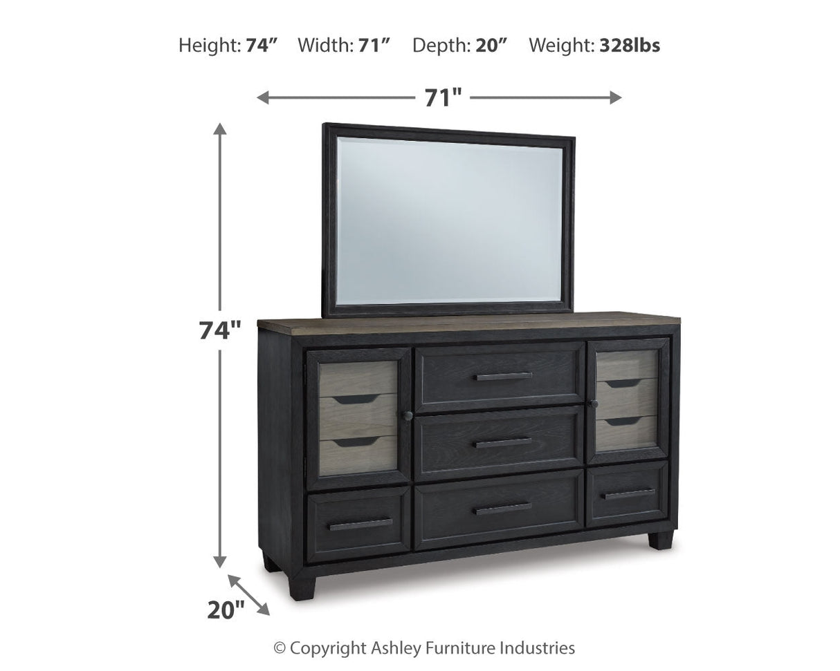 Foyland California King Panel Storage Bed with Mirrored Dresser and Chest in Black/Brown