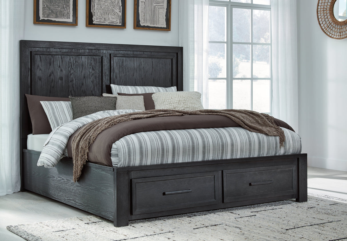 Foyland California King Panel Storage Bed with Mirrored Dresser and Chest in Black/Brown