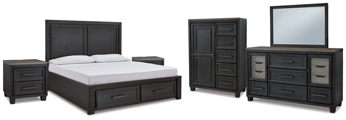 Foyland California King Panel Storage Bed with Mirrored Dresser, Chest and 2 Nightstands in Black/Brown