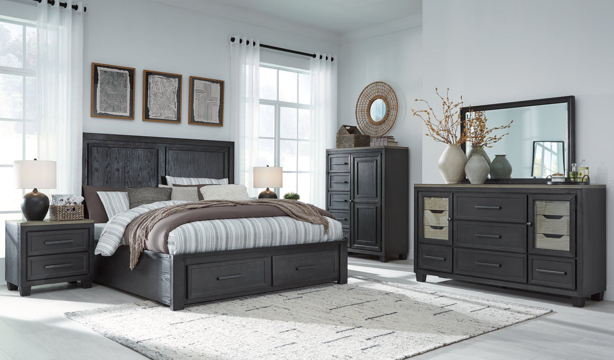 Foyland California King Panel Storage Bed with Mirrored Dresser, Chest and 2 Nightstands in Black/Brown