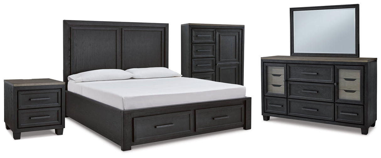 Foyland California King Panel Storage Bed with Mirrored Dresser, Chest and Nightstand in Black/Brown