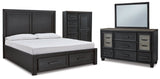 Foyland King Panel Storage Bed with Mirrored Dresser and Chest in Black/Brown