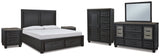 Foyland King Panel Storage Bed with Mirrored Dresser, Chest and 2 Nightstands in Black/Brown