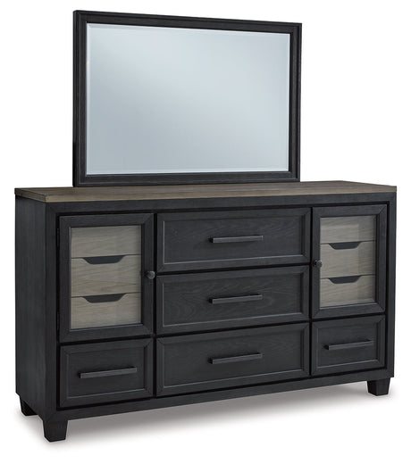 Foyland King Panel Storage Bed with Mirrored Dresser, Chest and 2 Nightstands in Black/Brown