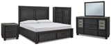 Foyland King Panel Storage Bed with Mirrored Dresser, Chest and Nightstand in Black/Brown