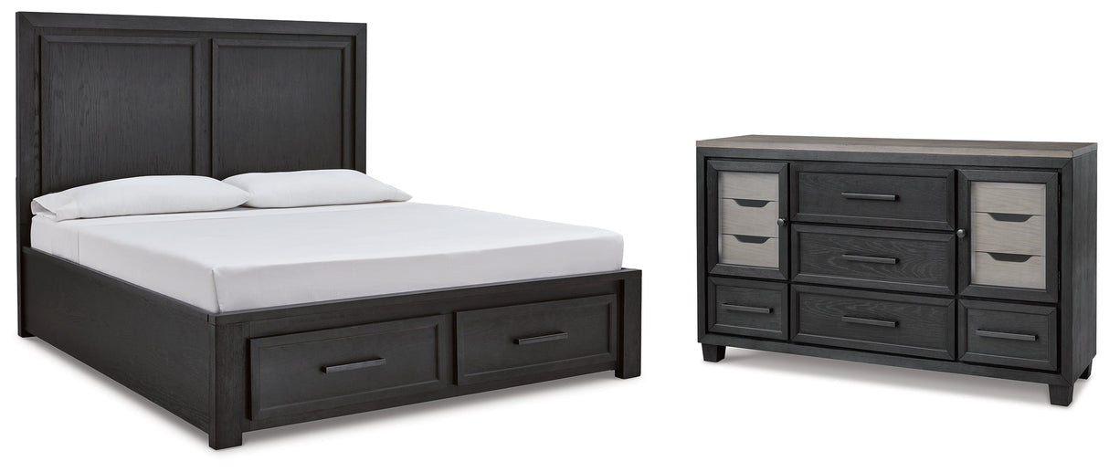 Foyland Queen Panel Storage Bed with Dresser in Black/Brown