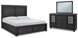 Foyland Queen Panel Storage Bed with Mirrored Dresser in Black/Brown