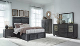 Foyland Queen Panel Storage Bed with Mirrored Dresser in Black/Brown