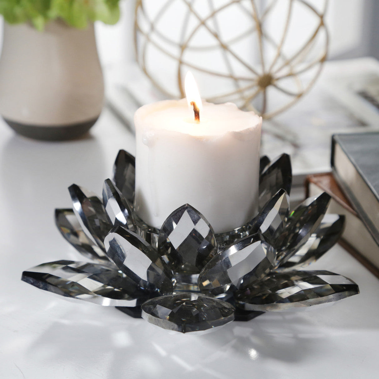 Black Crystal Lotus Votive Holder 8"