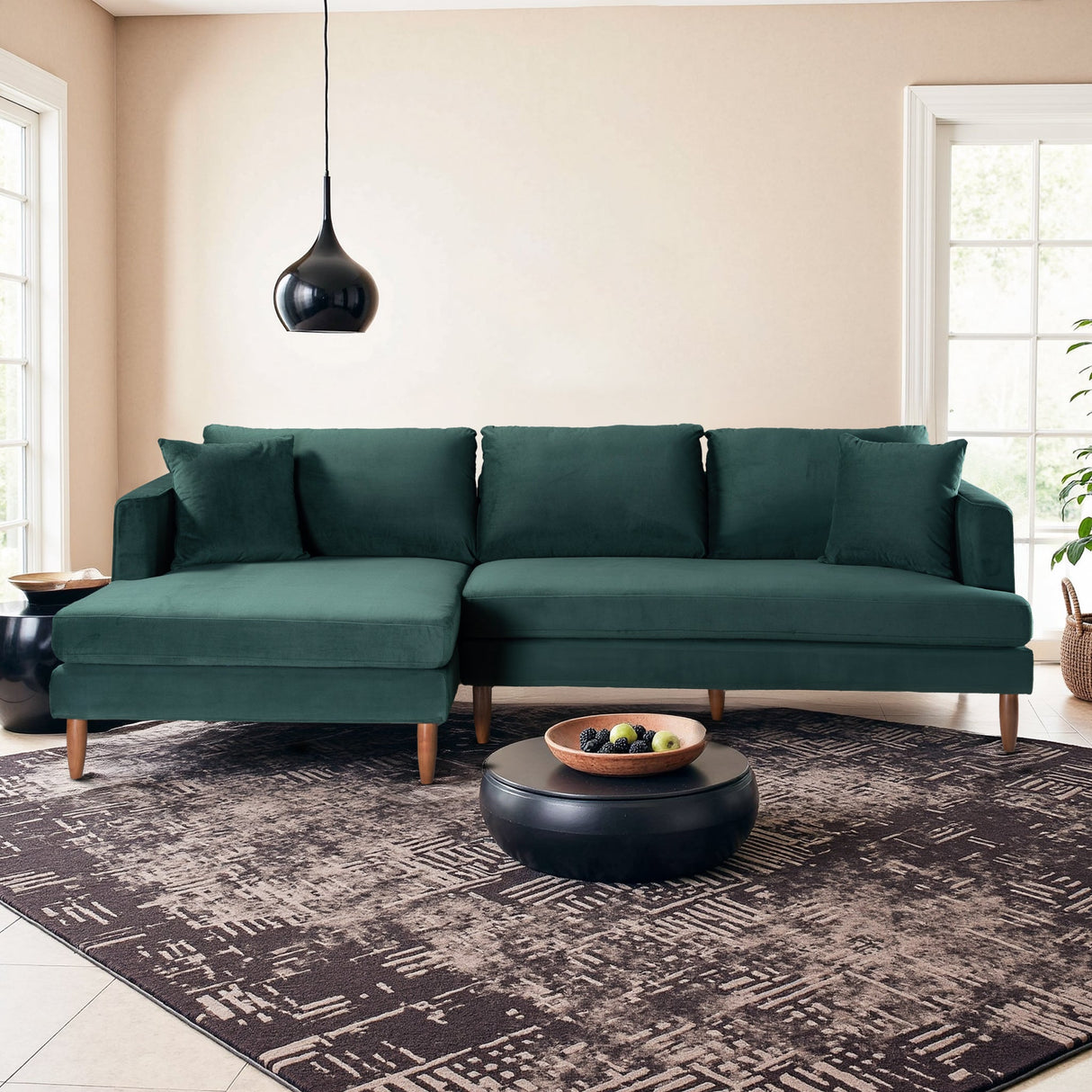 Blake L-Shaped Dark Green Velvet Sectional Sofa Left Facing by Ashcroft Furniture at Eve Furniture