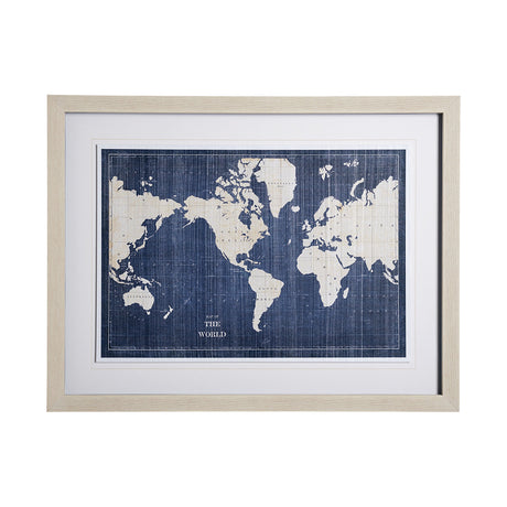 Blueprint World Map by Sue Schlabach a Hand Embellished Textured Framed Art Print Matted under Glass by Mercana at Eve Furniture