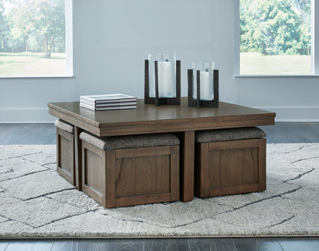 Boardernest Brown Coffee Table with 4 Stools by Ashley at Eve Furniture