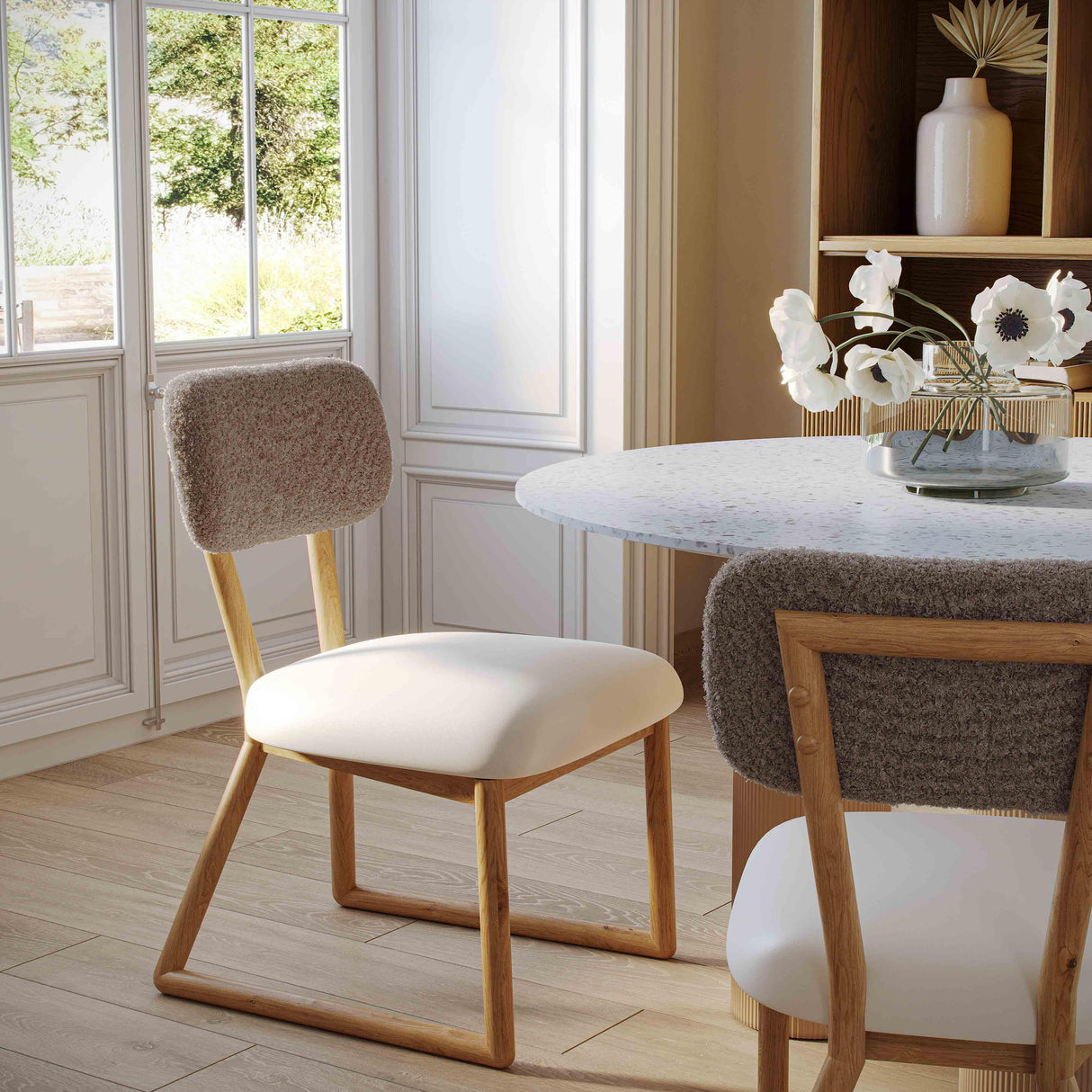Bobbie Cream Vegan Leather and Grey Vegan Shearling Dining Chair by TOV Furniture at Eve Furniture