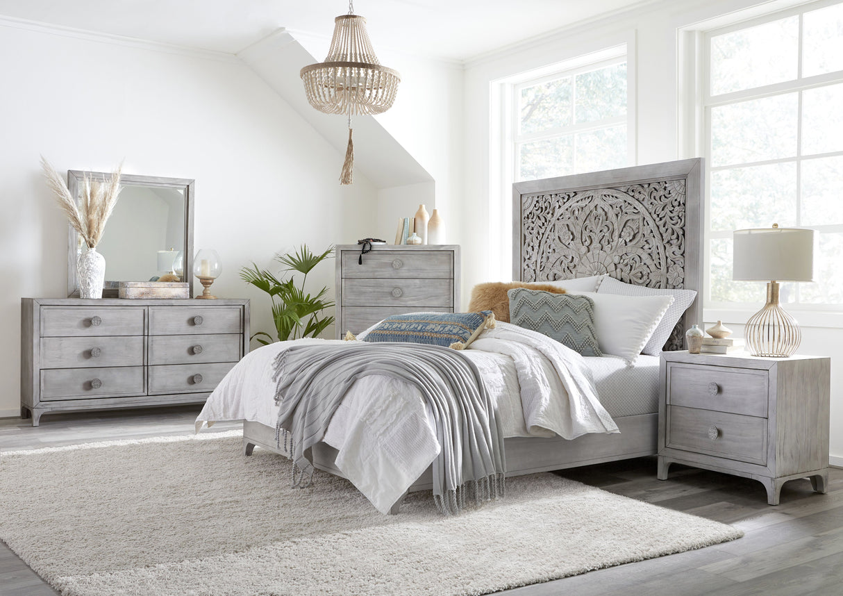 Boho Chic Carved Queen Platform Bed in Washed White by Modus Furniture at Eve Furniture