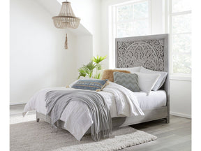 Boho Chic Carved Queen Platform Bed in Washed White by Modus Furniture at Eve Furniture